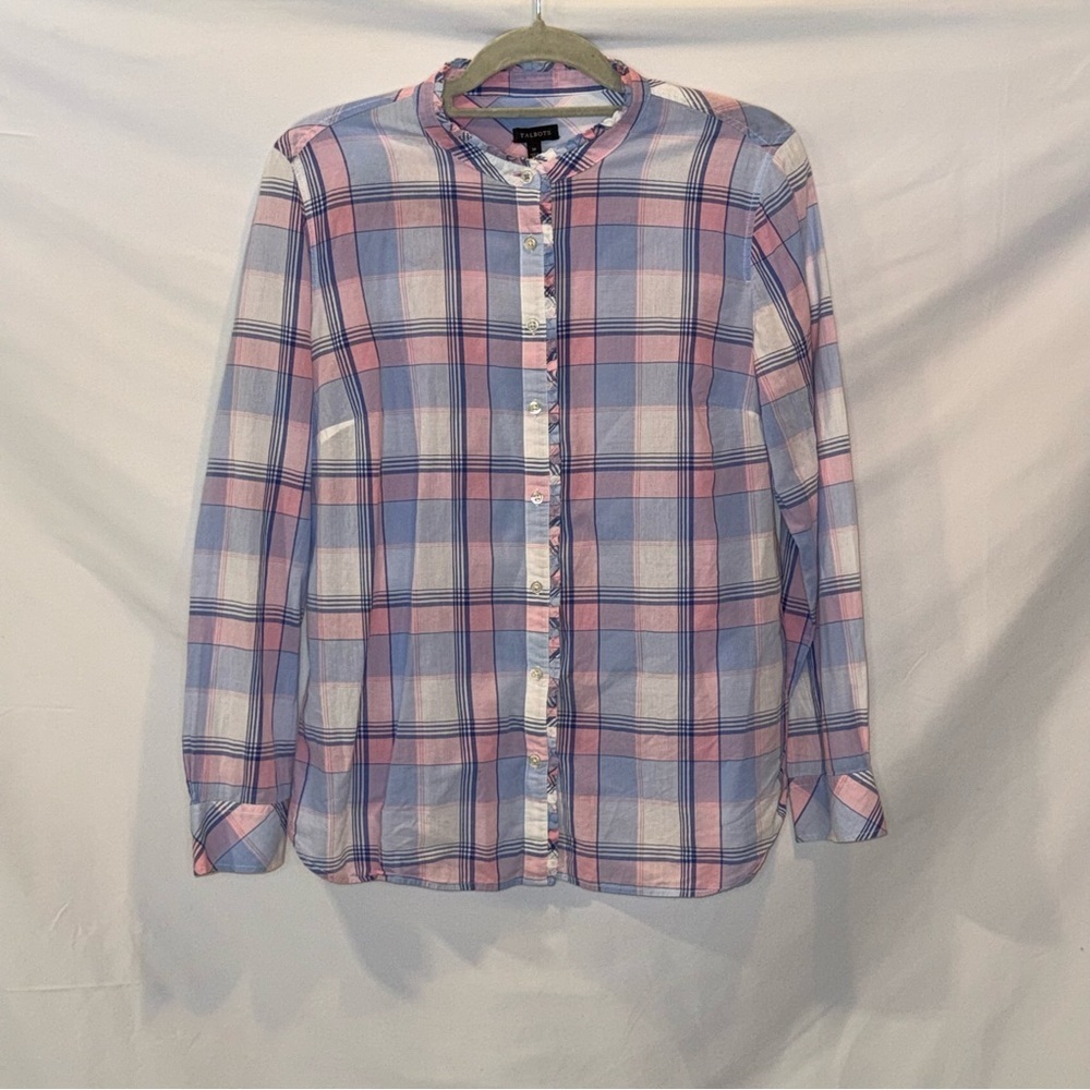 Talbots Blue & Pink Plaid Ruffle Trim Button-Up Shirt M EUC Preppy Classic Top